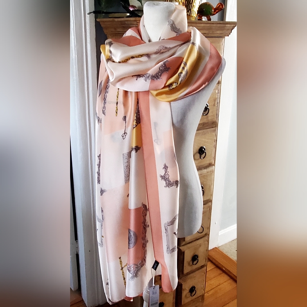 Luxurious Peach & Cream Patterned Satin Scarf Wrap